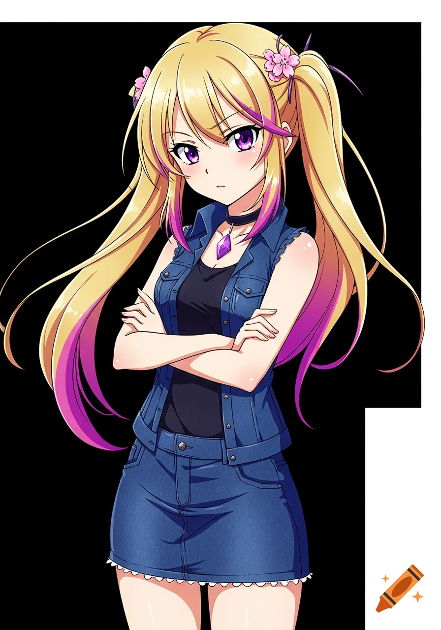 Anime girl with blonde hair, purple streaks, and cherry blossom clips, wearing a denim vest and skirt, arms crossed.