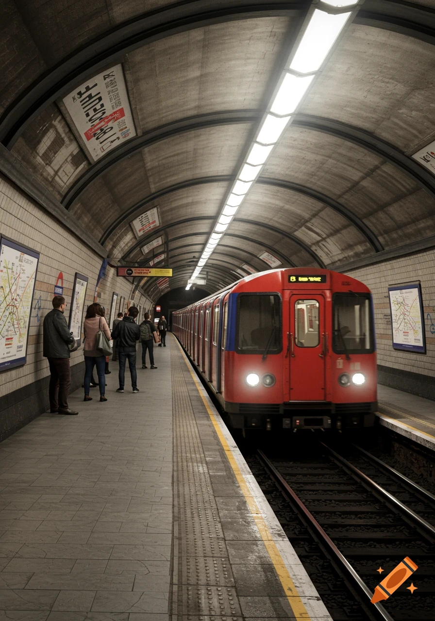 A photorealistic image of a red London Underground train arriving at a subway station platform where several people are waiting.