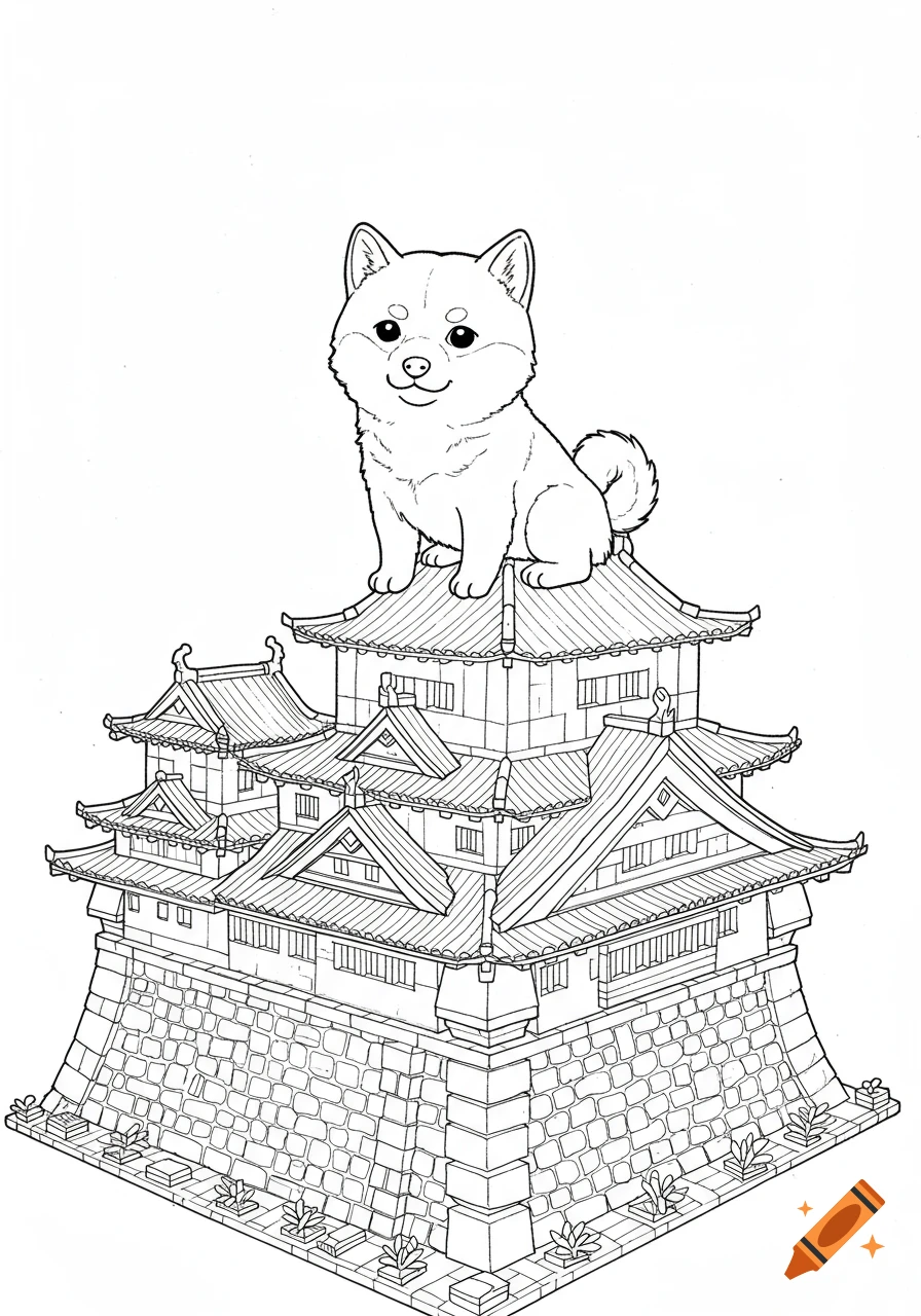 Detailed black and white line drawing of a cute Shiba Inu dog sitting on top of a Japanese castle, suitable for a coloring book.