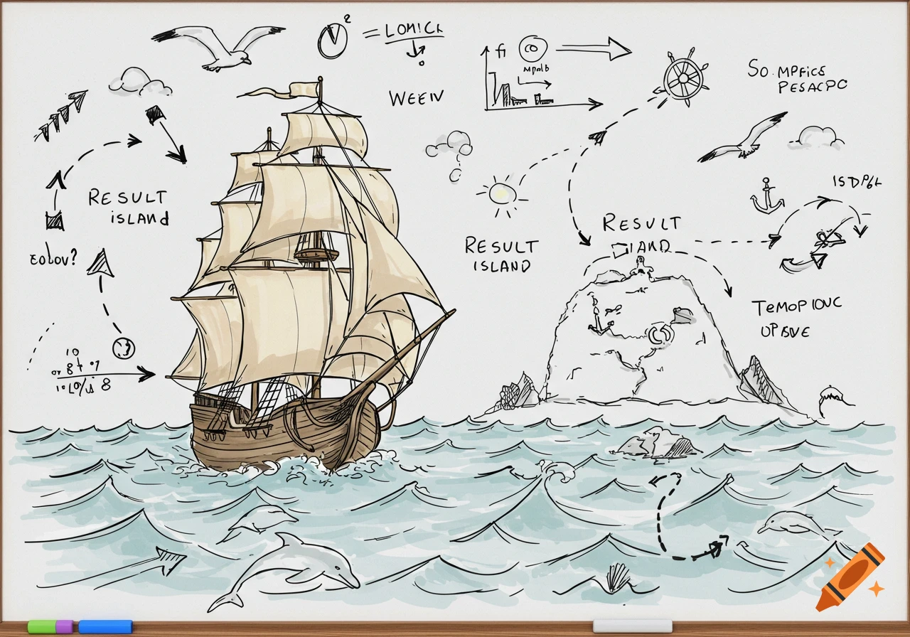 Whiteboard drawing of a ship sailing on waves towards an island, with dolphins in the water and various arrows, symbols, and text outlining a plan.