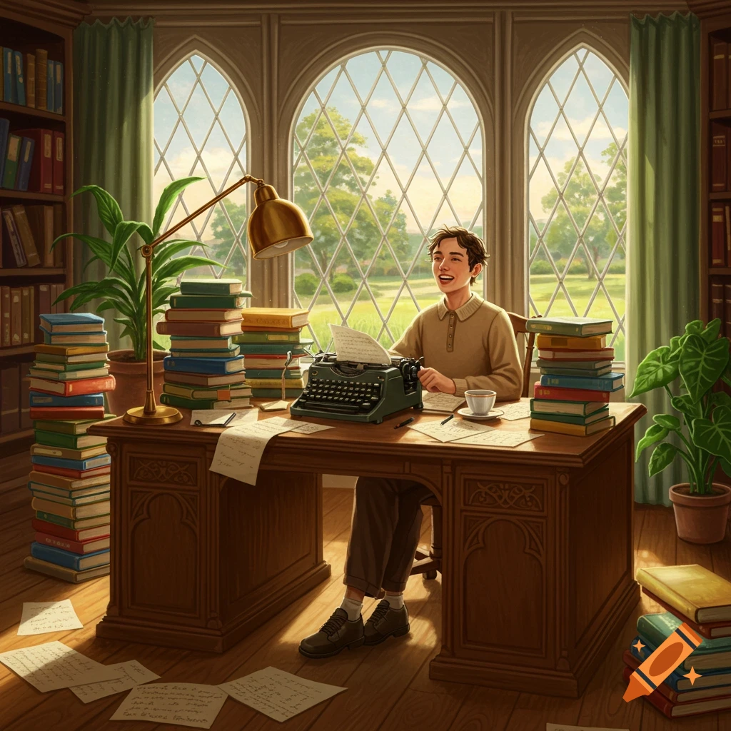 A happy young man in a cozy study, smiling while writing at a desk with a typewriter, surrounded by stacks of books.