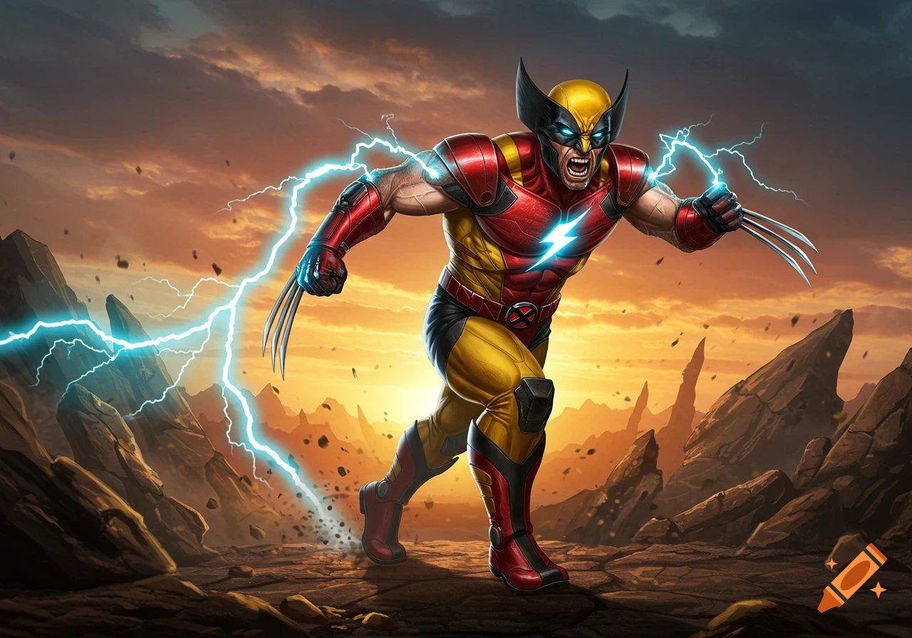 Wolverine running in red and yellow battle armor, with a lightning bolt on his chest, against a dramatic sunset sky.