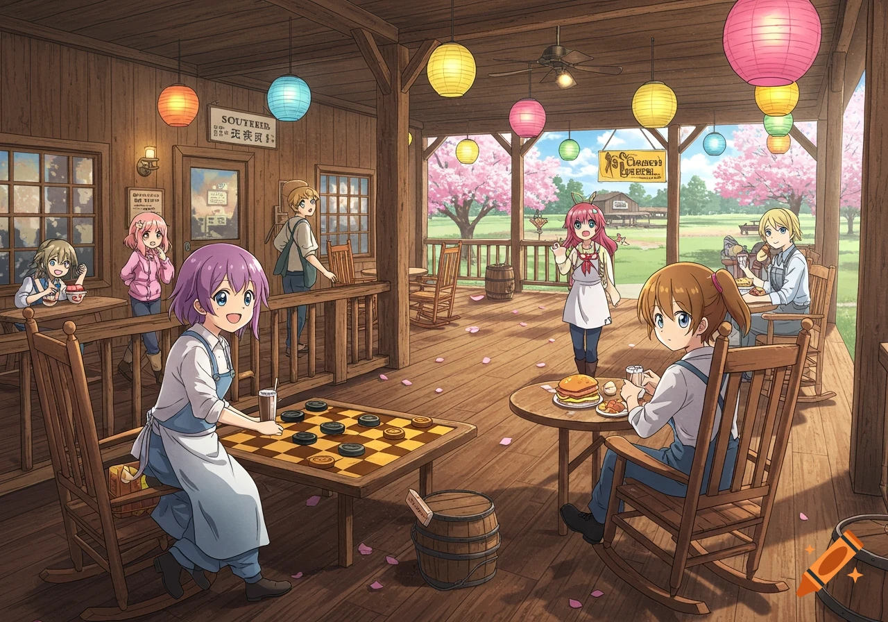An anime-style scene inside a rustic restaurant with several young people, some eating, some playing checkers, and others walking around. Cherry blossom trees are visible outside.