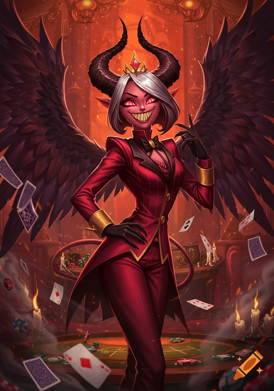 A cartoon female demon in a red pinstripe suit, with large black wings, horns, and a wide grin, stands in a gambling hall with playing cards falling around her.