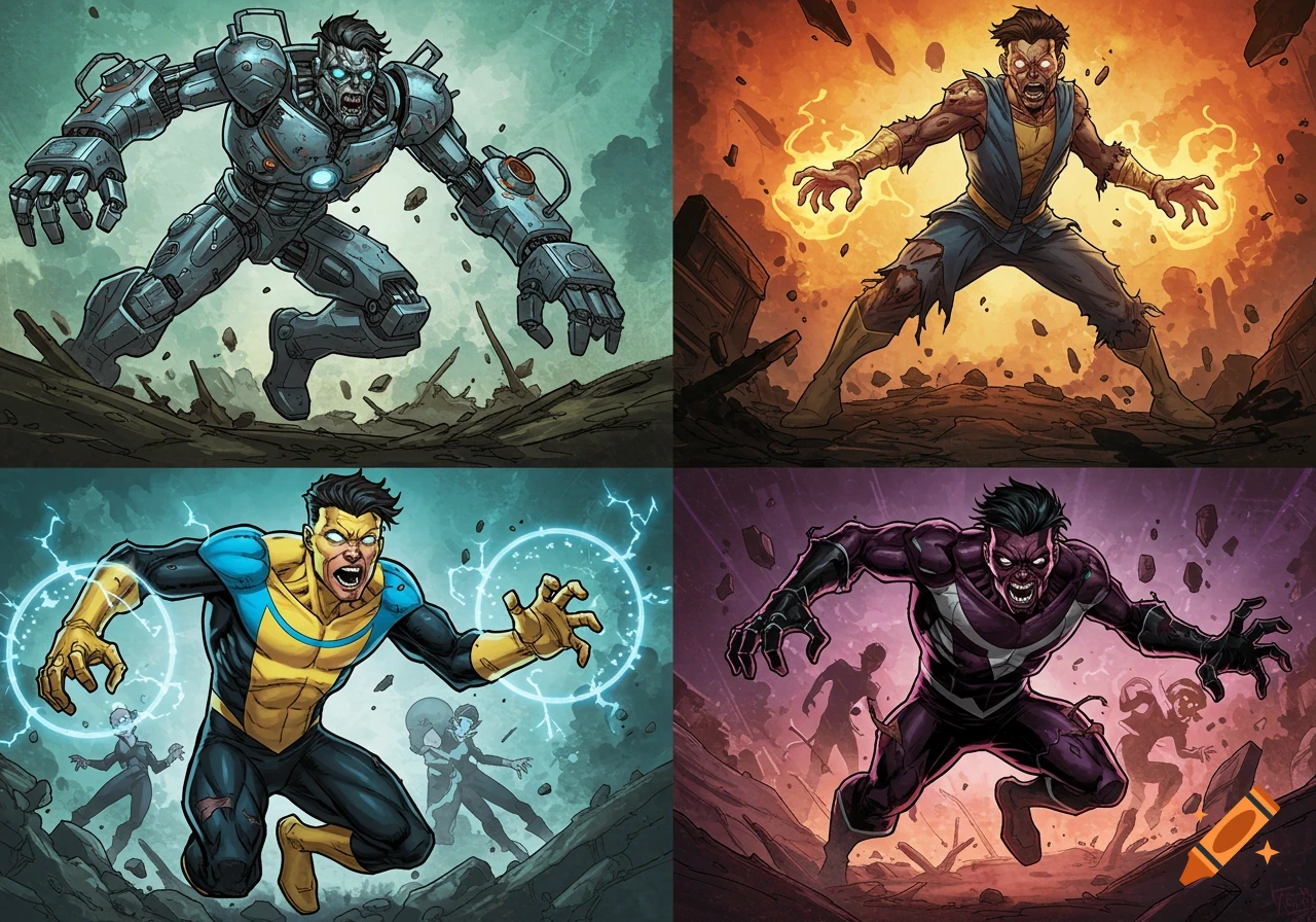 A four-panel comic book illustration showing different variations of a grimacing superhero: a robot, one with fire, one with electricity, and an evil version.