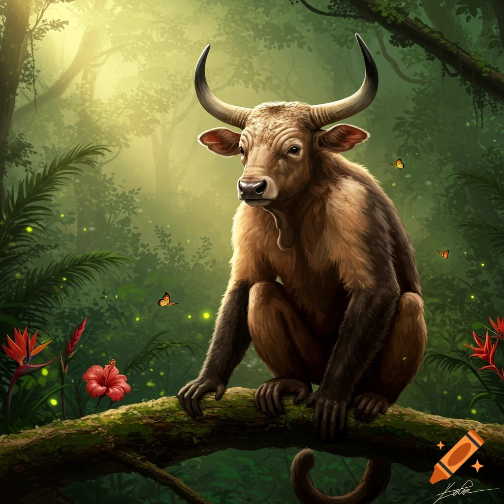 A fantasy creature with a Brahma bull head and a capuchin monkey body sits on a mossy branch in a sunlit jungle, digital art.