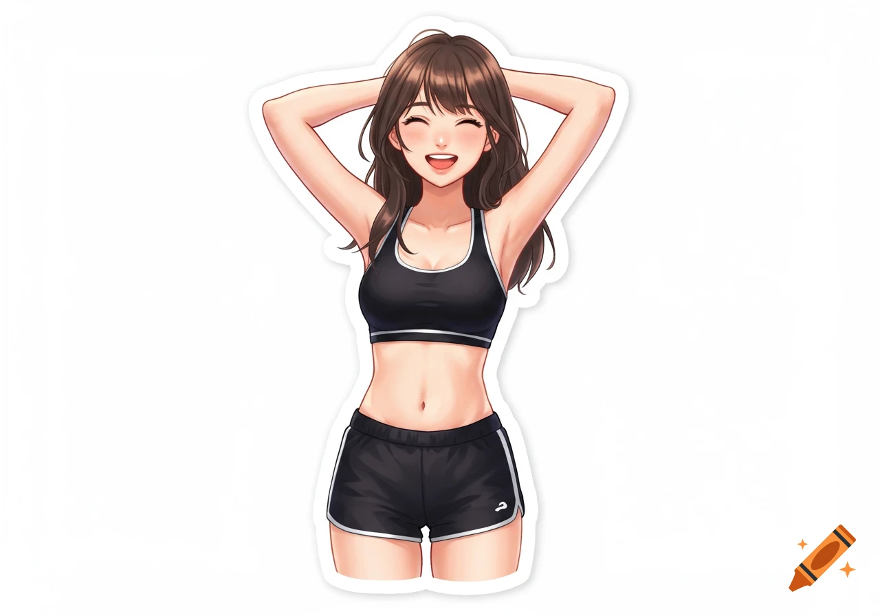 Smiling anime girl in a black sports bra and shorts, arms behind her head, illustration in a sticker style.