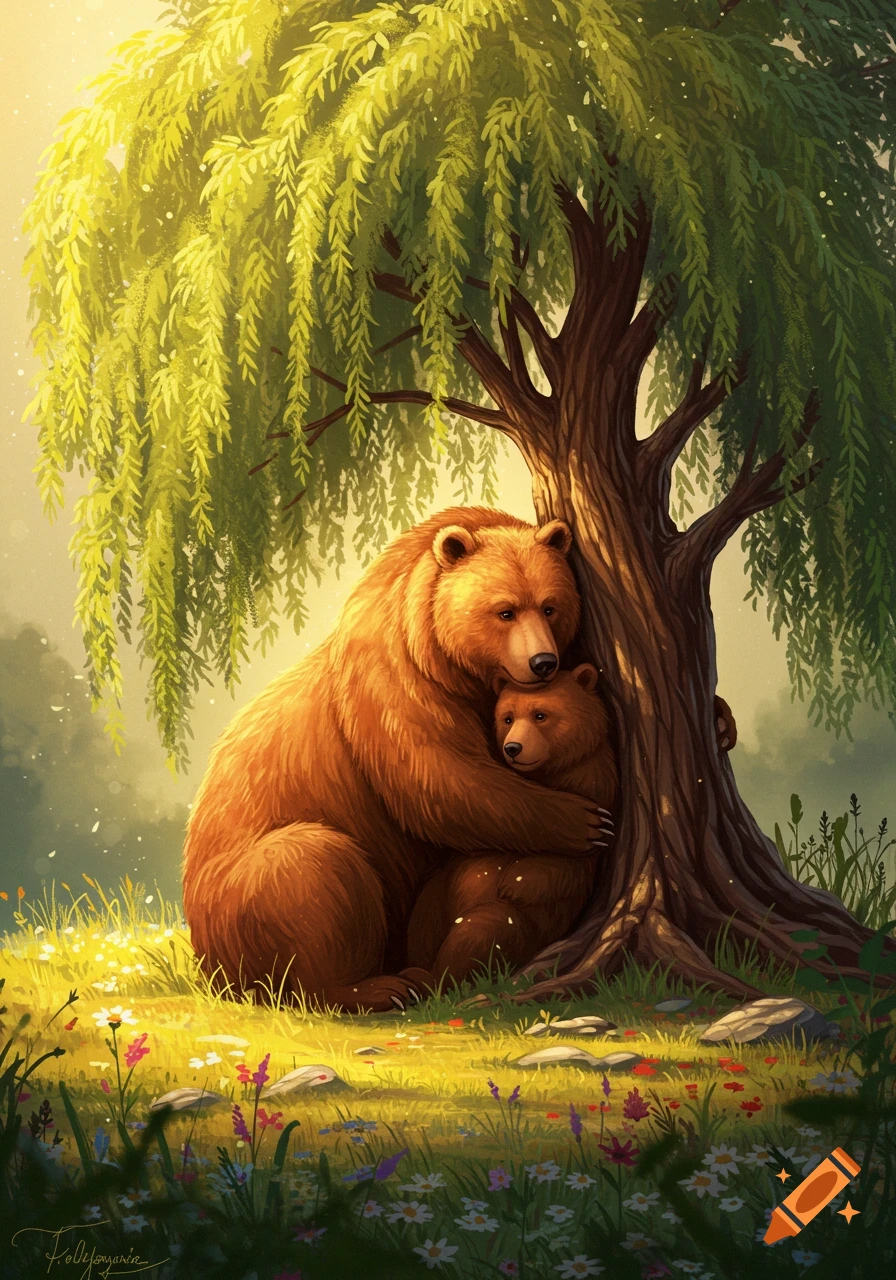 An illustration of a mother bear hugging her cub under a large weeping willow tree in a sunlit meadow with wildflowers.