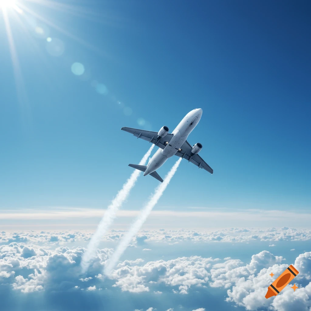 White passenger airplane flying upwards in a bright blue sky above clouds, with sun glare.