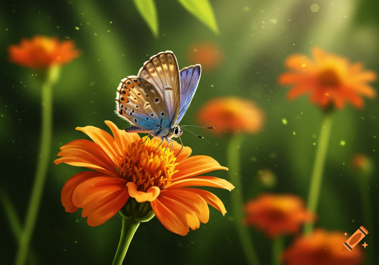 A blue and brown butterfly rests on a vibrant orange flower with a blurred green background and sparkling light.