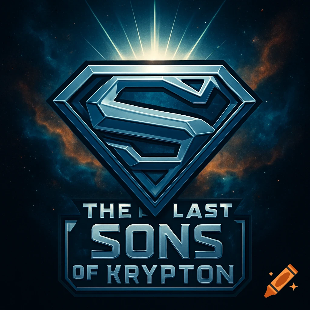 Metallic Superman 'S' shield logo glowing above 'THE LAST SONS OF KRYPTON' text, set against a cosmic, starry background.