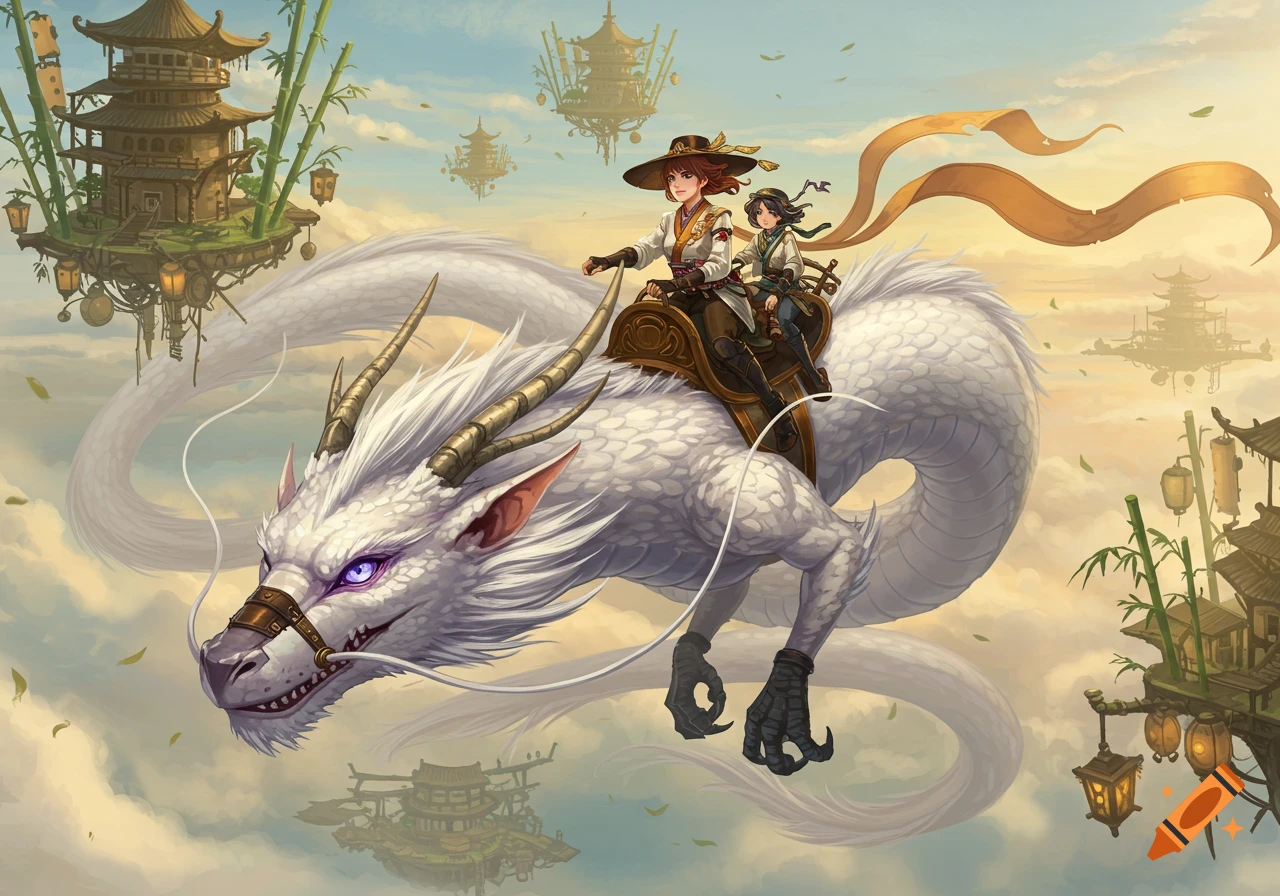 A woman and a child ride a white dragon through a sky with floating Asian pagodas. Fantasy digital art.