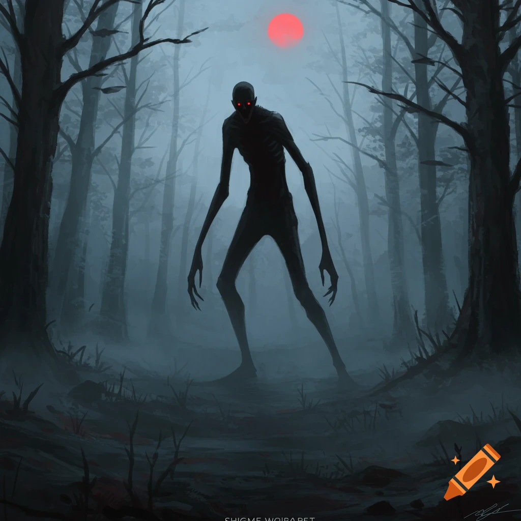 A tall, gaunt, black creature with glowing red eyes stands in a dark, foggy forest under a red moon.