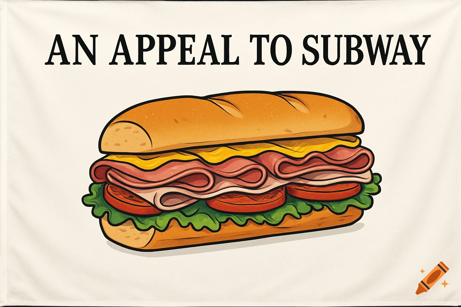 Illustrated sub sandwich with ham, cheese, lettuce, and tomato, with 'AN APPEAL TO SUBWAY' text on a flag.