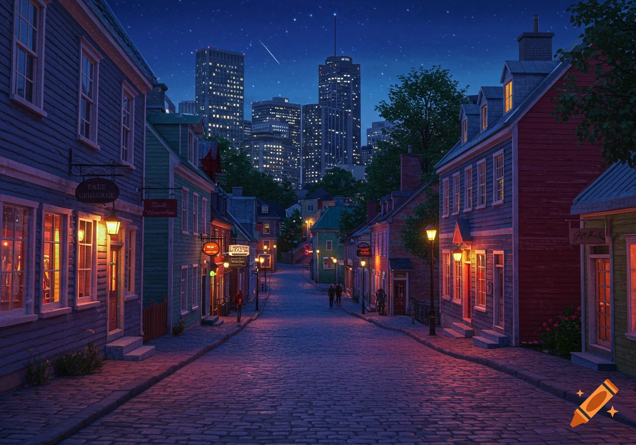 A cobblestone street at night, illuminated by warm lights from historic buildings, with a city skyline and starry sky.