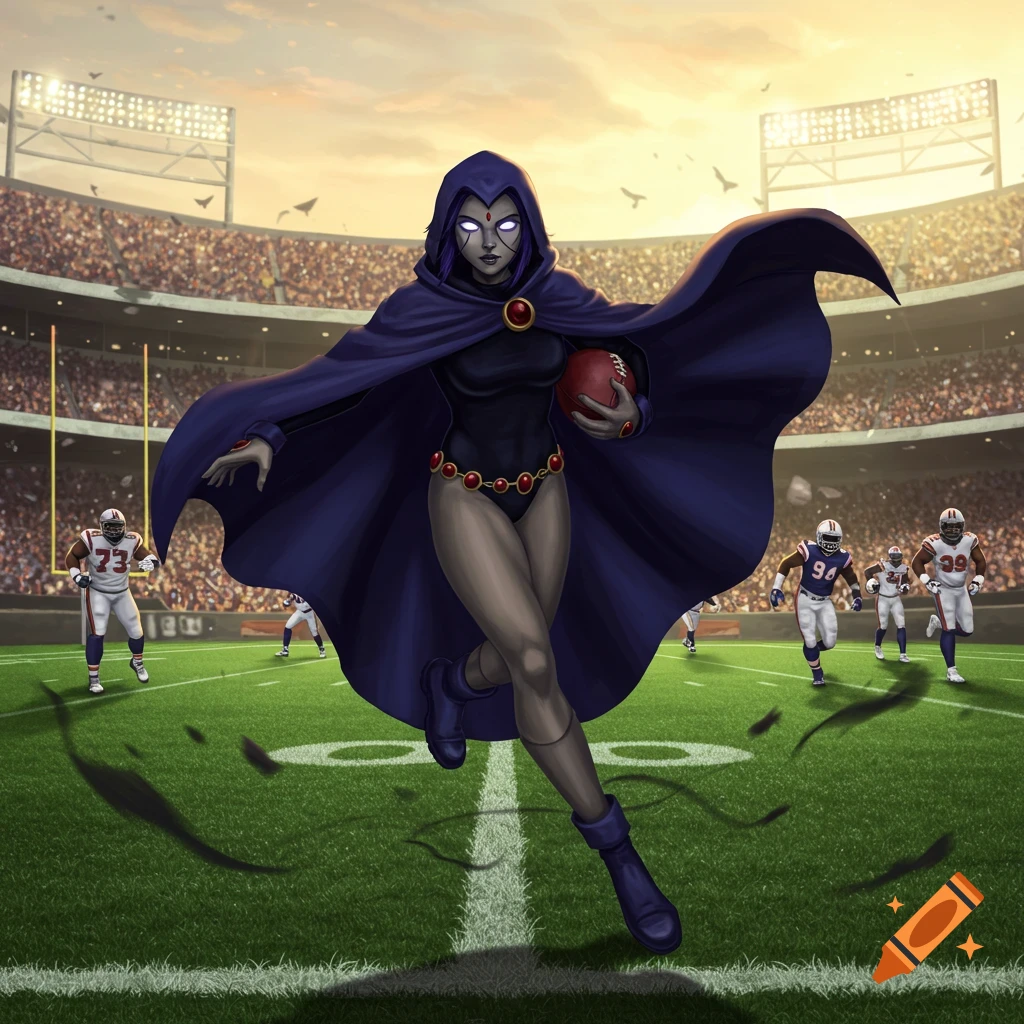 Raven from Teen Titans in her purple cape runs on a football field holding a football, with other players and a stadium in the background.