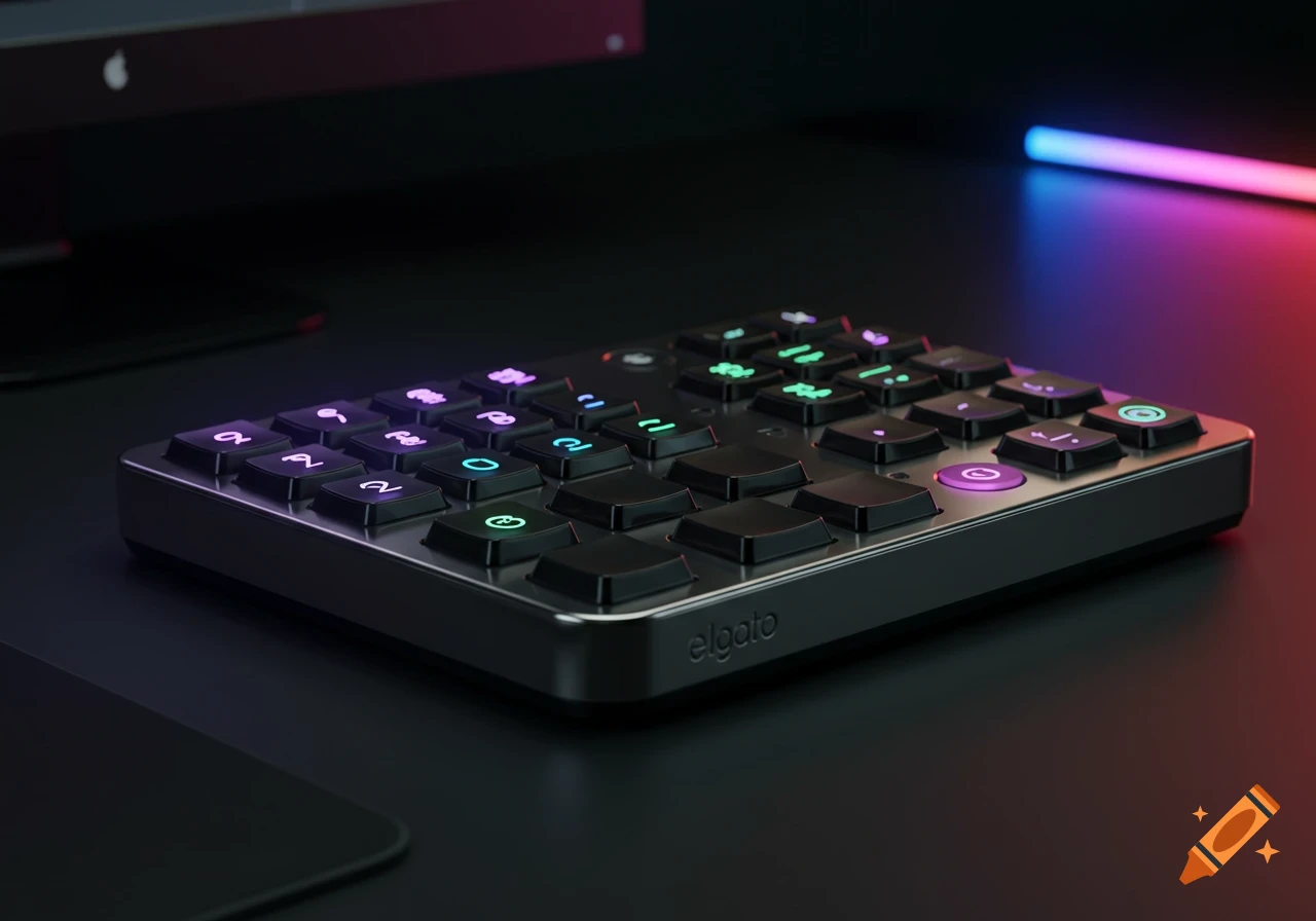 A photorealistic chrome Elgato Stream Deck Plus with colorful backlit keys on a dark desk with neon lights.