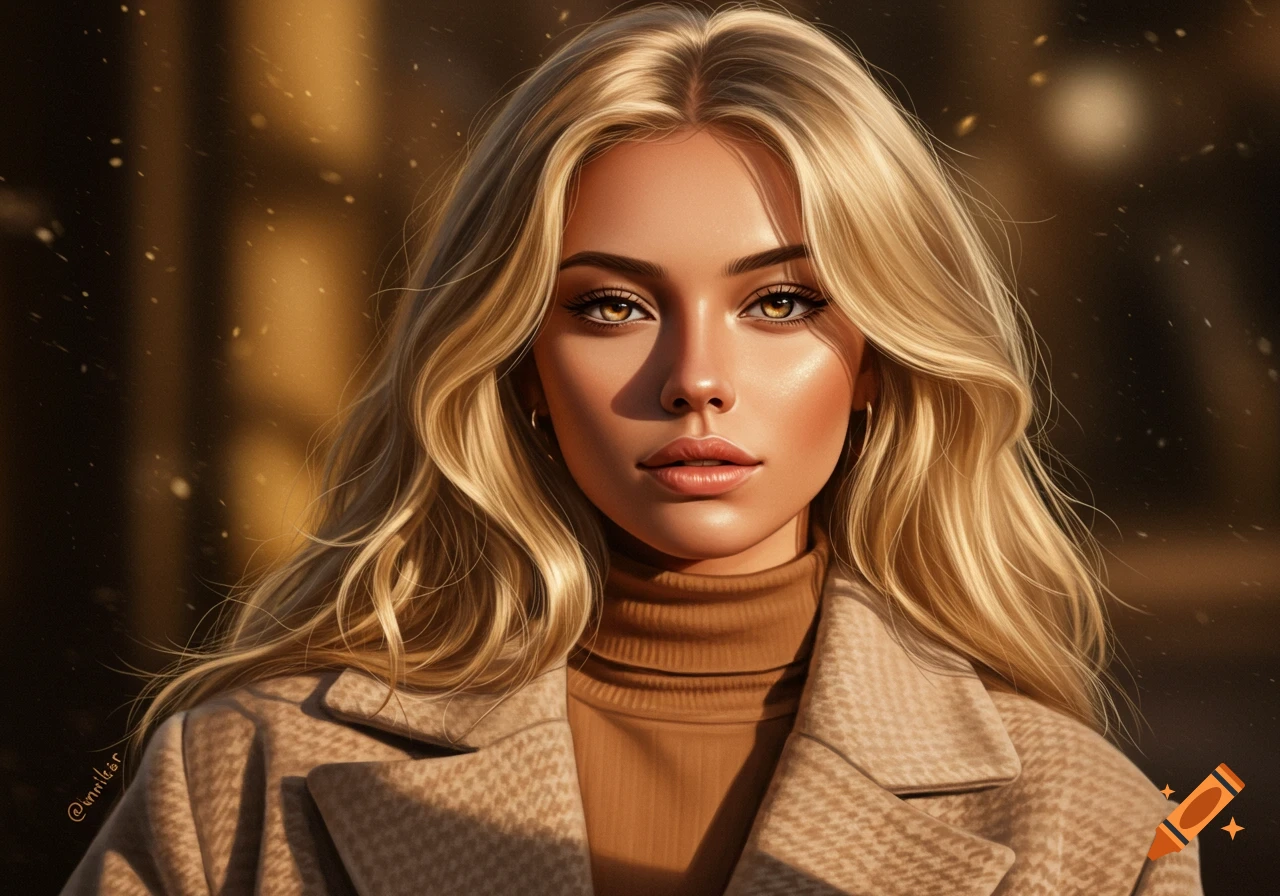 A stylized realistic portrait of a woman with long honey blonde hair, amber eyes, wearing a brown turtleneck and a beige houndstooth coat.