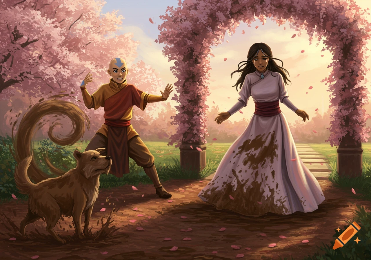 Aang airbends furiously at a mud-splashing dog, while a tearful Katara stands by with her soiled white dress in a cherry blossom park.