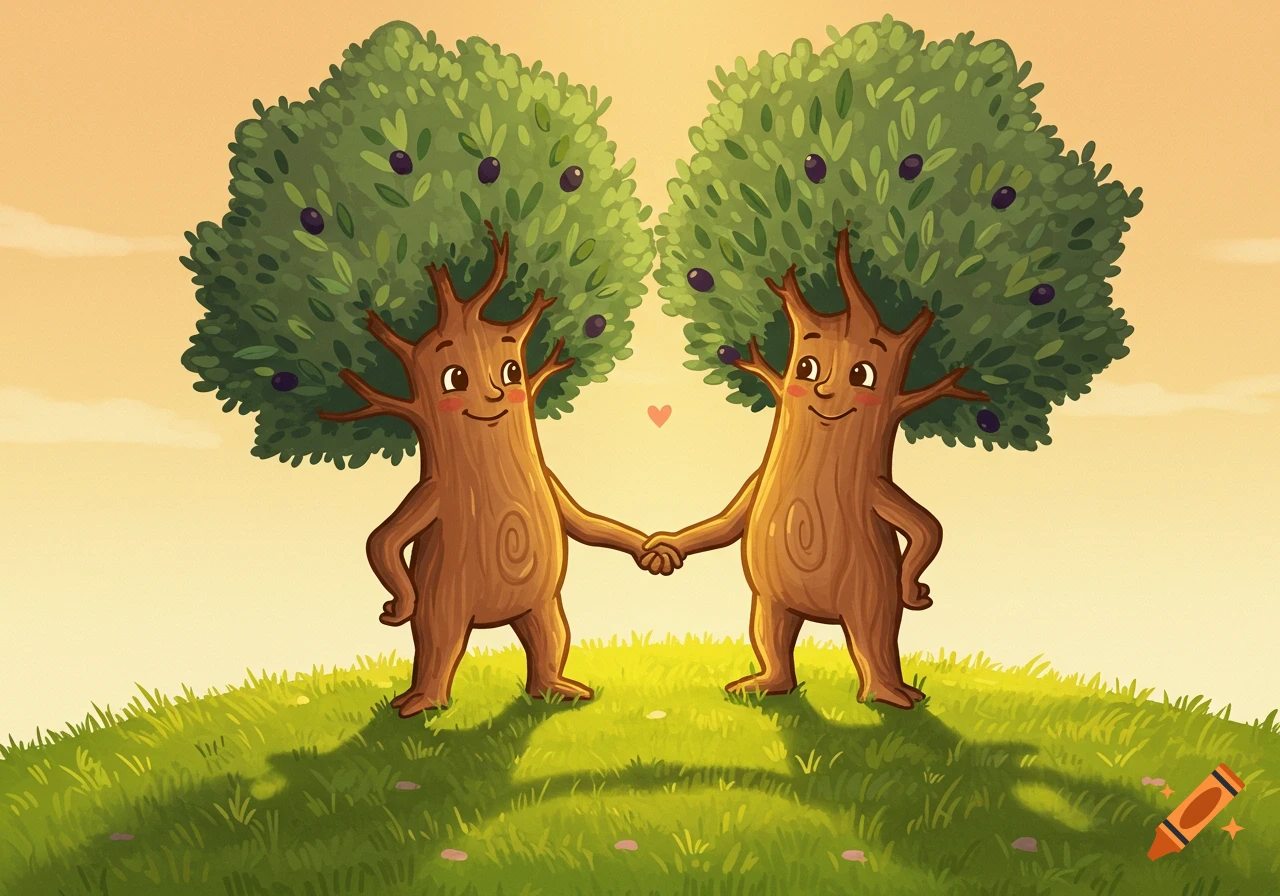 Two smiling cartoon olive trees holding hands on a grassy hill under a sunset sky, with a heart between them.