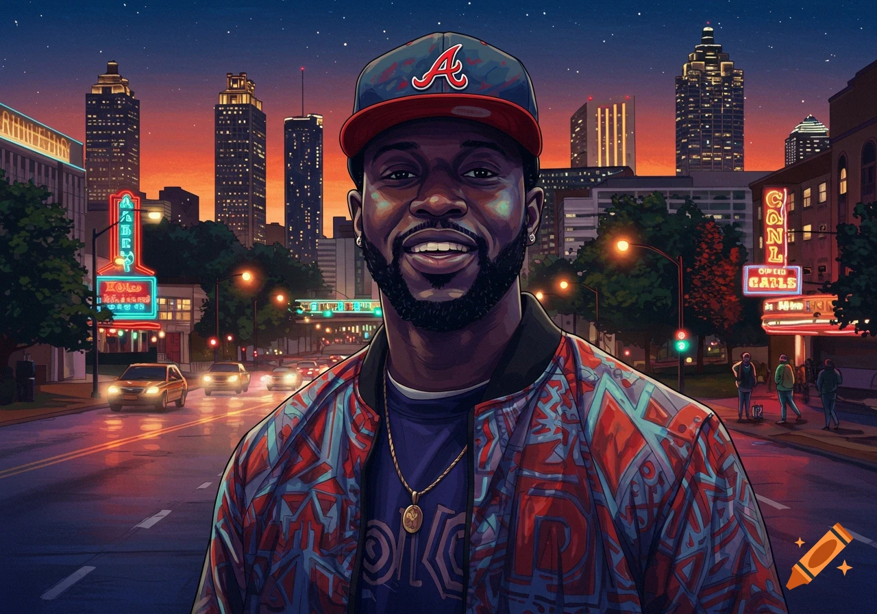 Stylized illustration of a smiling Black man in an Atlanta cap and colorful jacket on a city street at night.