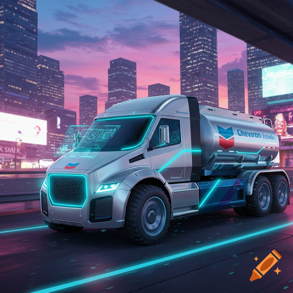 Futuristic silver and blue tanker truck with neon lights driving on a road at dusk in a cyberpunk city.