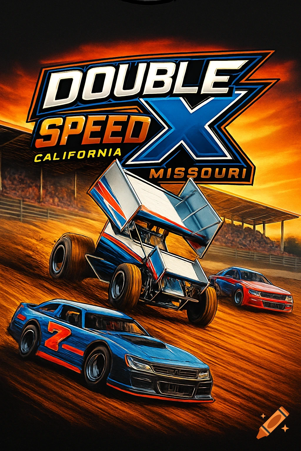 A stylized graphic of racing cars on a dirt track, with "DOUBLE SPEED X CALIFORNIA MISSOURI" text above, against an orange sky.