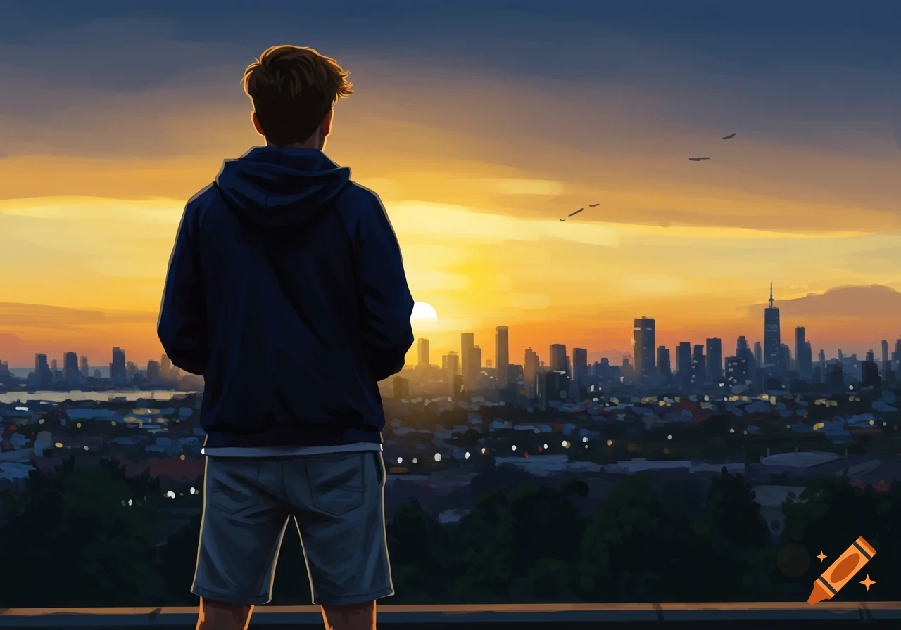 Young man in hoodie and shorts overlooks a city skyline at sunset, rendered in a digital painting style.