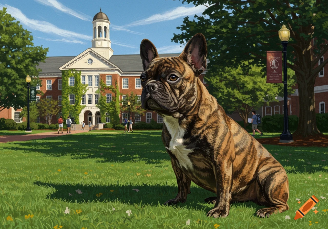 A brindle French Bulldog sits on a grassy lawn in front of a large, red brick university building with a cupola under a blue sky.