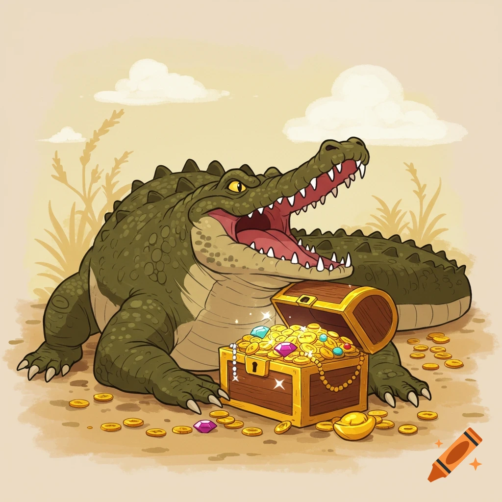 A cartoon crocodile with an angry open mouth guards an open treasure chest overflowing with gold coins and sparkling gems, in an animated style.