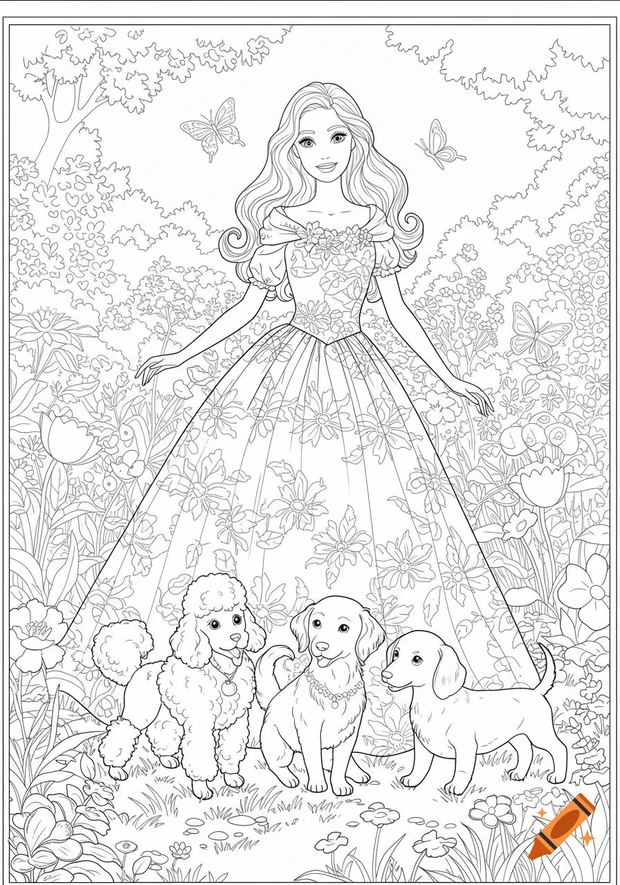 A black and white coloring page of a Barbie-like woman in a floral gown, surrounded by three dogs, flowers, and butterflies in a garden.