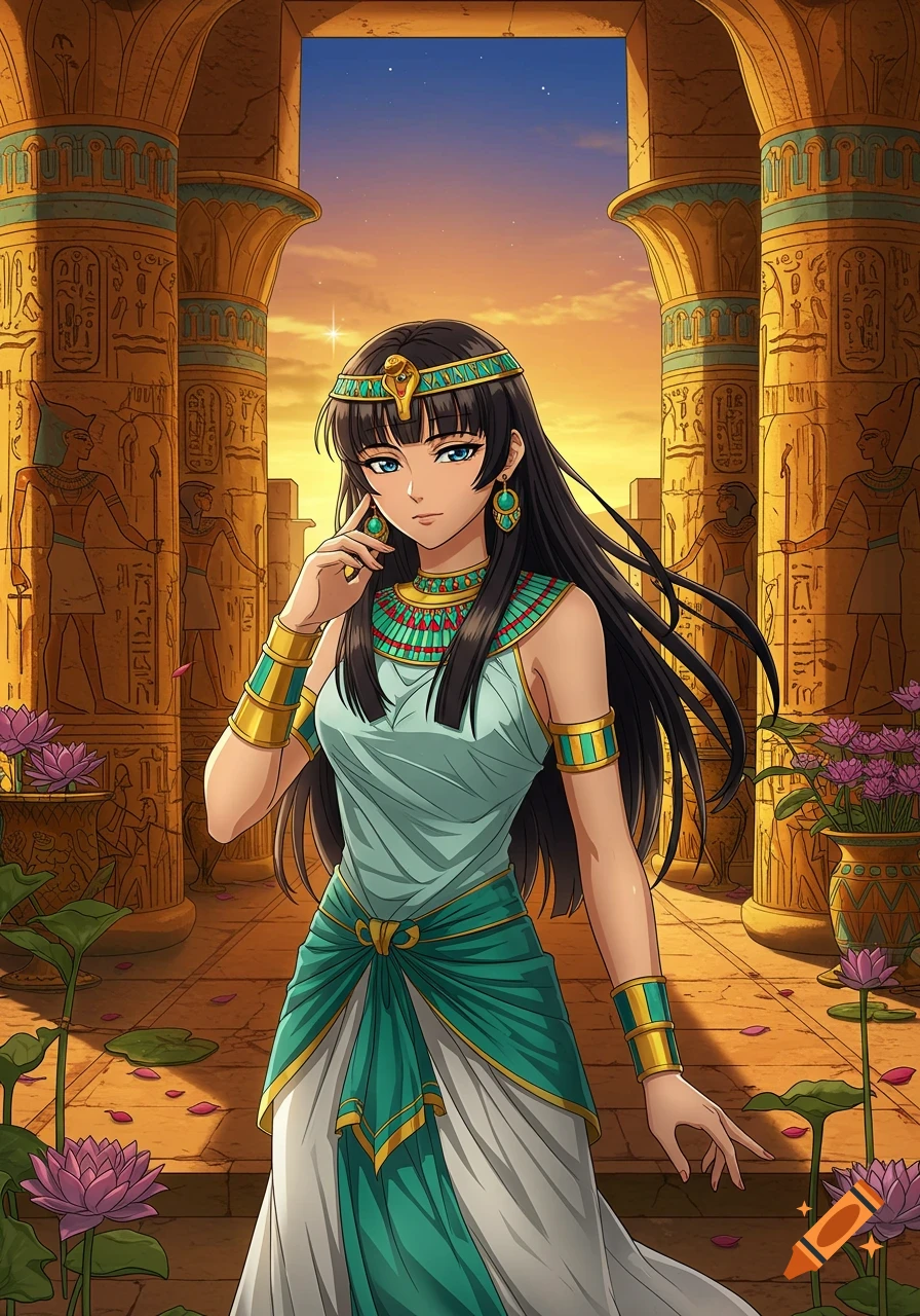 An anime Egyptian princess stands in a golden temple with hieroglyphics and lotus flowers.