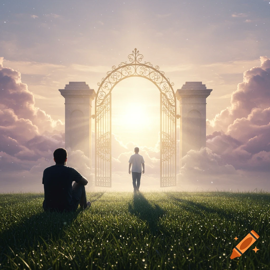 A man sits on a grassy hill, watching another man walk through an ornate golden gate under a bright, cloudy sky.