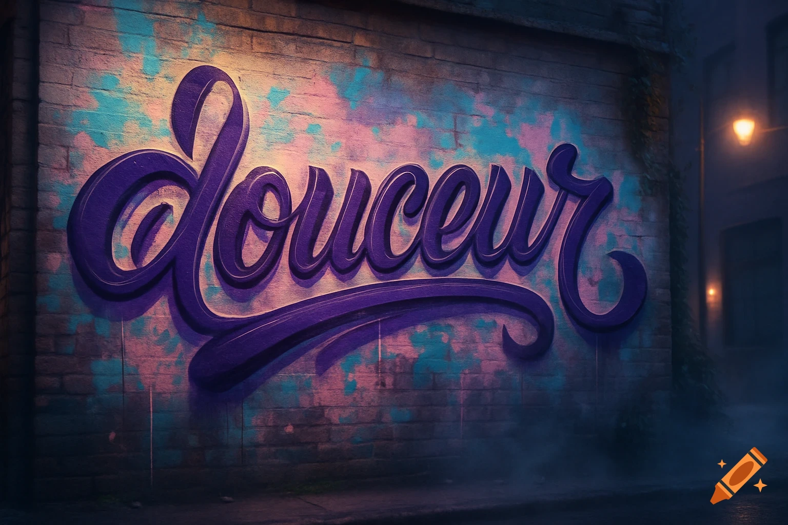 Purple 3D graffiti of the word "douceur" on a brick wall with pink and blue paint splatters, dimly lit by a street lamp at night.