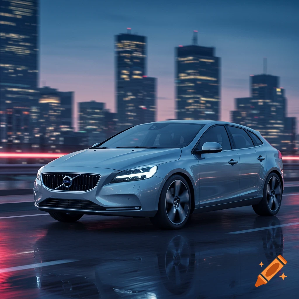 A silver Volvo V40 car drives on a wet city street at dusk, with blurred skyscrapers and streaks of light in the background. Photorealistic.