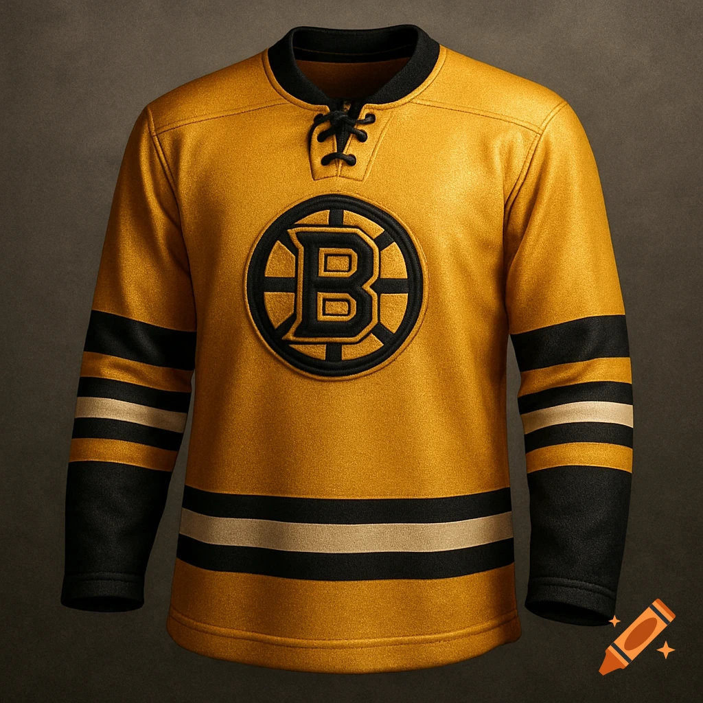 A realistic gold hockey jersey with black collar and laces, featuring a black and gold 'B' logo on the chest, and black and off-white stripes on the sleeves and hem.
