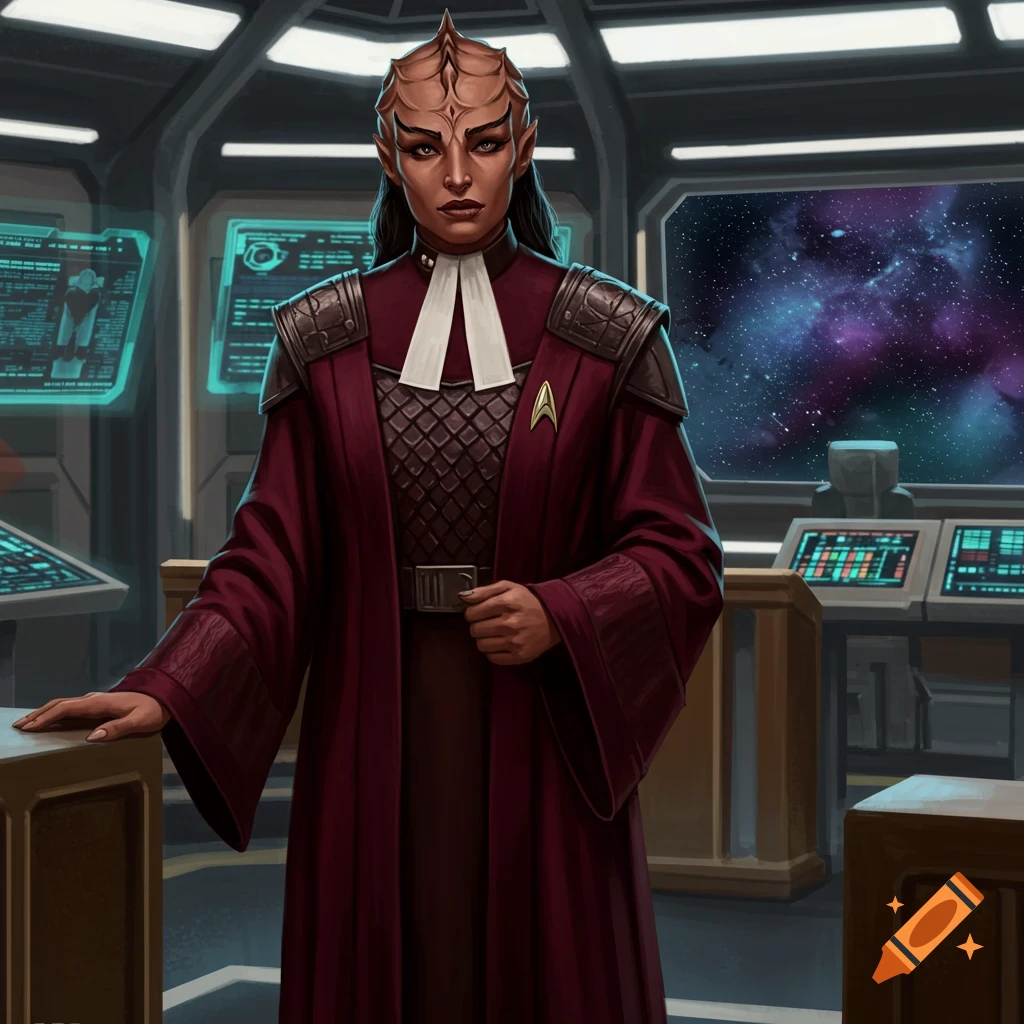 A female alien with Klingon-like ridges and pointed ears wears a maroon judicial robe and a Starfleet insignia, standing in a spaceship bridge, rendered in a digital painting style.