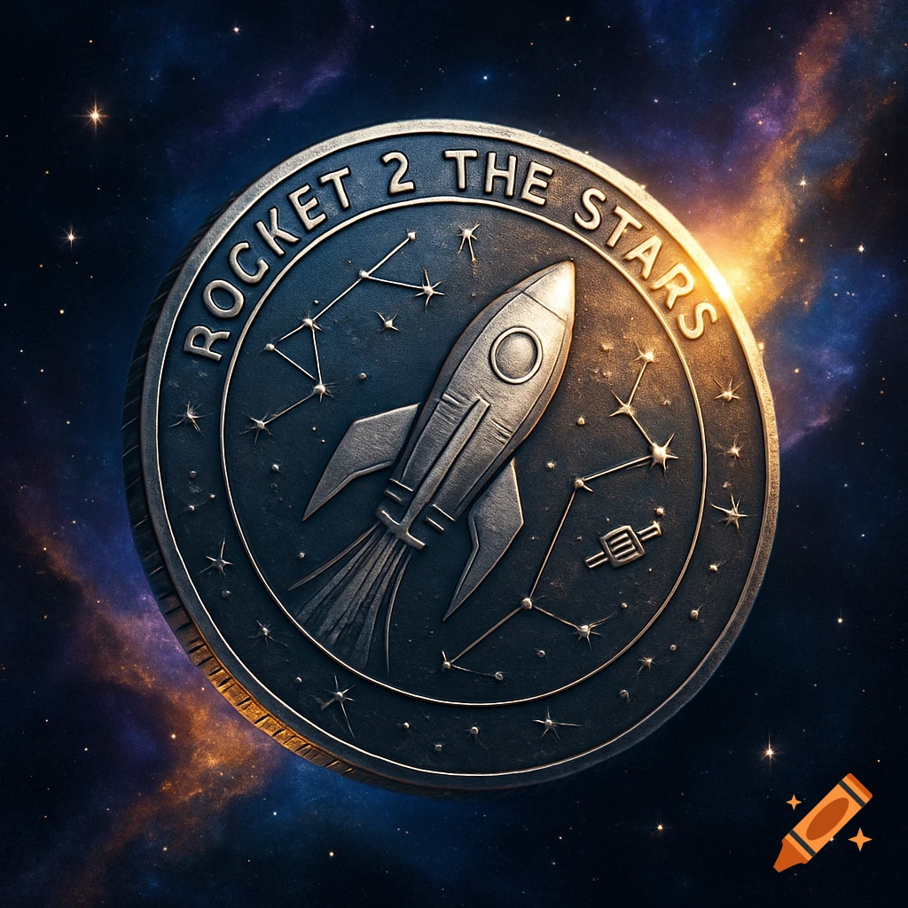 A metallic coin with a rocket, constellation, and "ROCKET 2 THE STARS" inscription, against a vibrant galaxy background.
