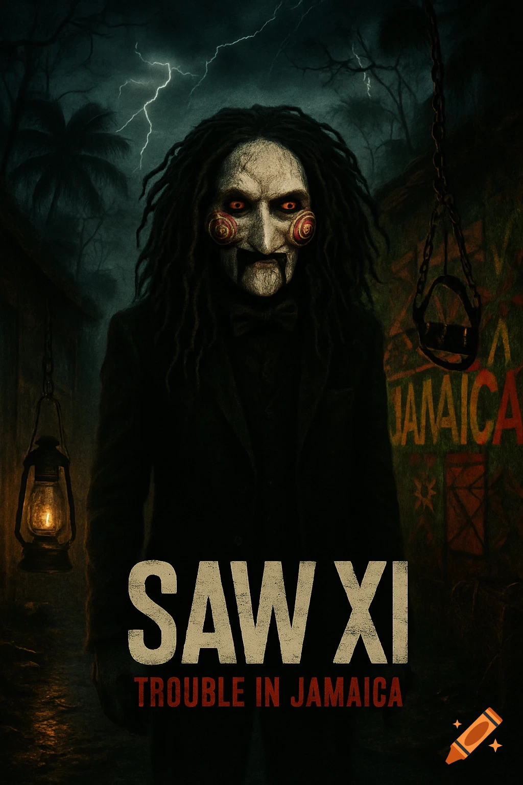 Horror movie poster featuring the Jigsaw character with dreadlocks, red eyes, and spiral cheeks, standing in a dark, stormy tropical night with lightning and palm trees, text reads 'SAW XI TROUBLE IN JAMAICA'.