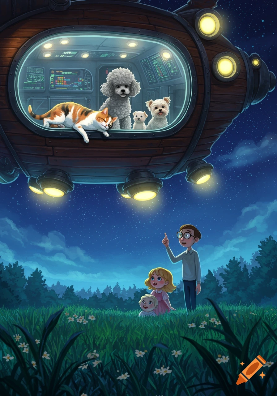 An illustration of a cat and three dogs looking out from a spaceship, watched by two children and a man in a grassy field at night.