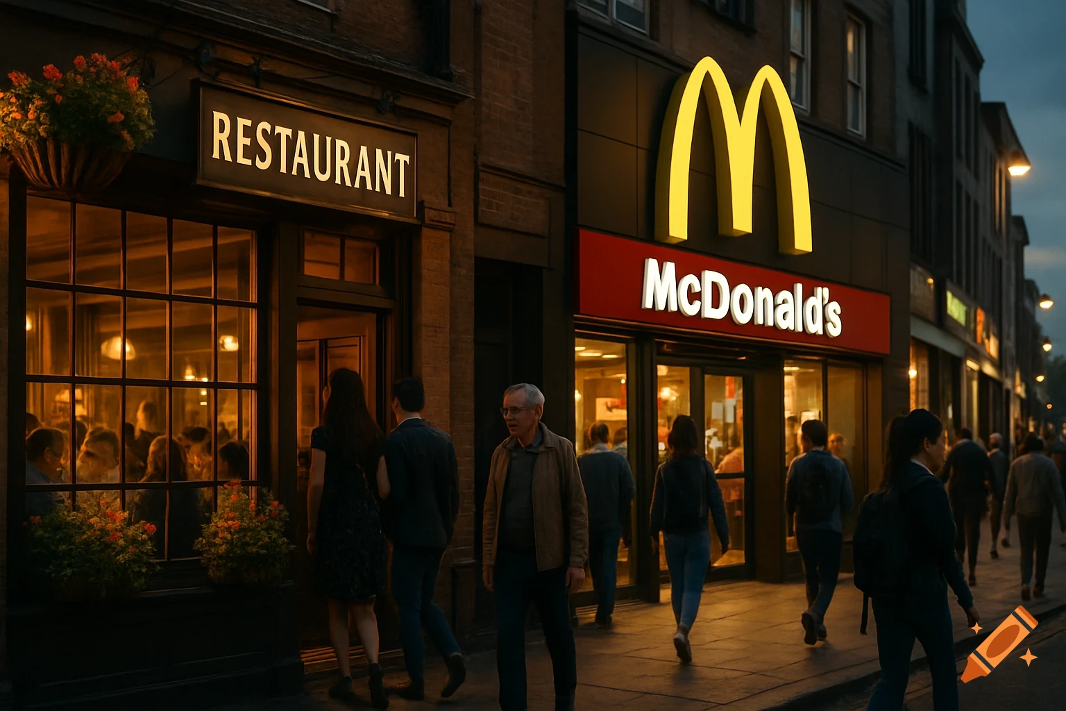Night street scene with a brightly lit 'RESTAURANT' sign next to a McDonald's with its golden arches, as people walk on the sidewalk.