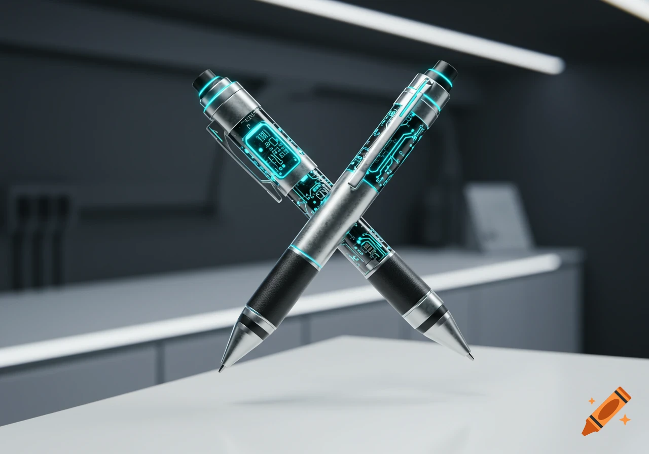 Two futuristic metallic pens with glowing blue circuit board designs crossed on a minimalist grey background.