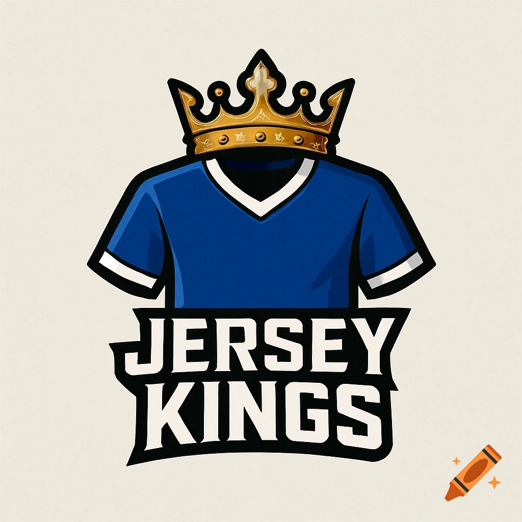 A bold logo featuring a blue jersey with a gold crown above it, and the words "JERSEY KINGS" below, on a light background.