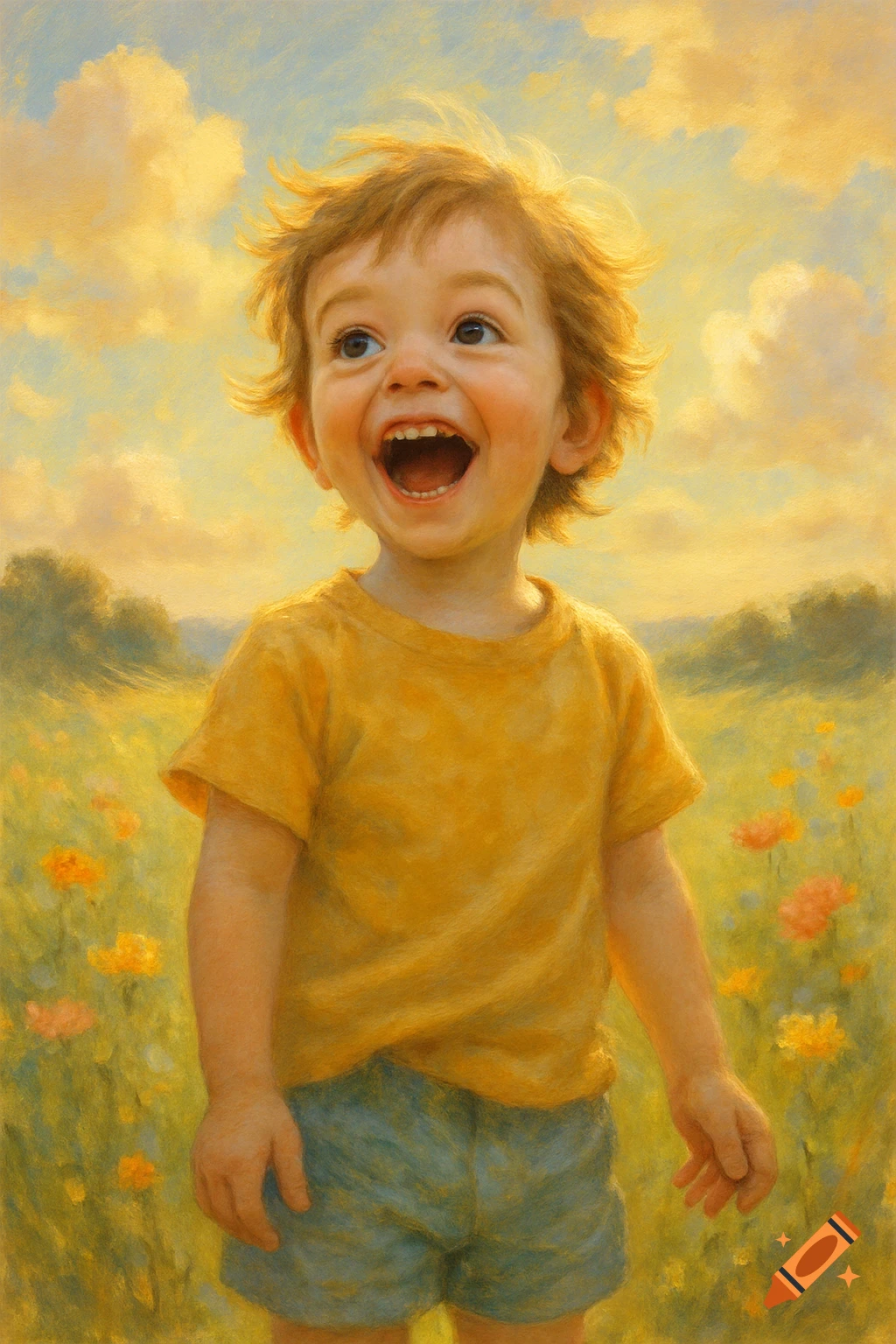 A joyful young child with messy brown hair laughs while standing in a sunny, painterly field with flowers under a cloudy sky.