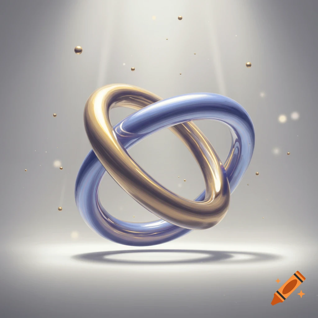 3D rendering of two glossy intertwined rings, one gold and one periwinkle blue, floating under spotlights on a grey background.