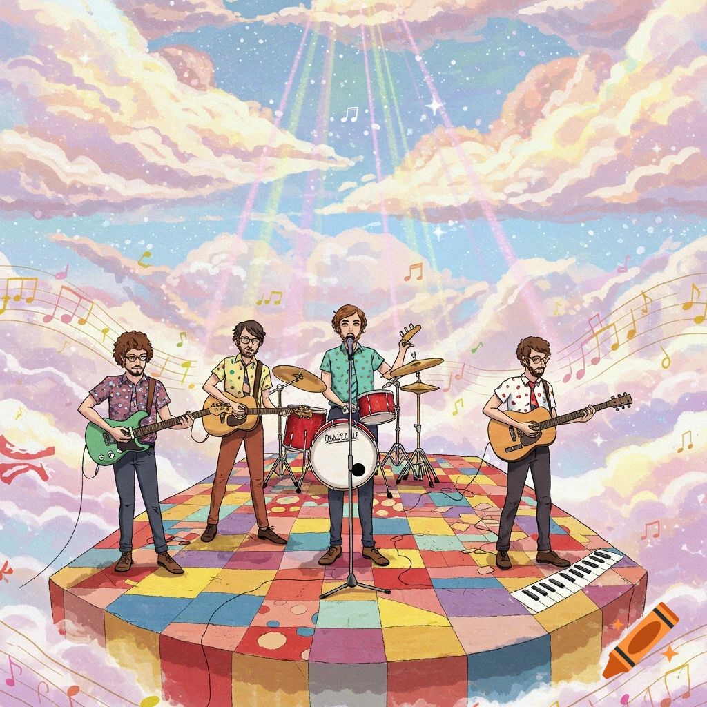 An illustrated band of four male musicians performs on a colorful checkered stage floating in whimsical clouds with musical notes.