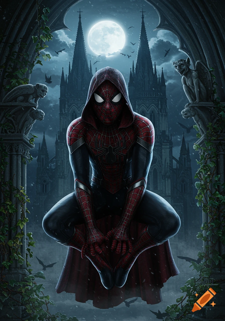 Spider-Man in a dark red and black hooded suit crouches amidst gothic architecture and gargoyles under a full moon.