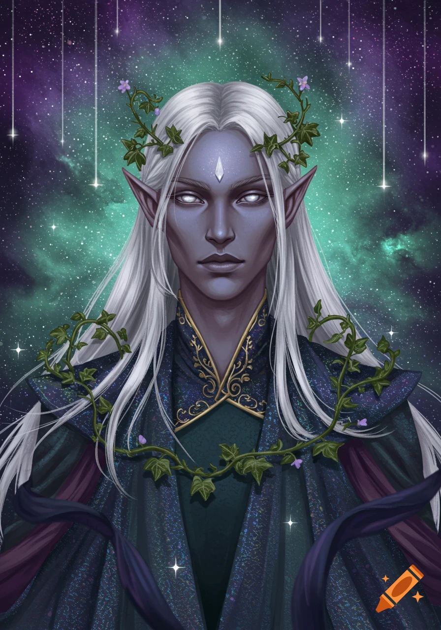 Fantasy portrait of a dark-skinned elf with long white hair, glowing eyes, and ivy, against a vibrant cosmic background.