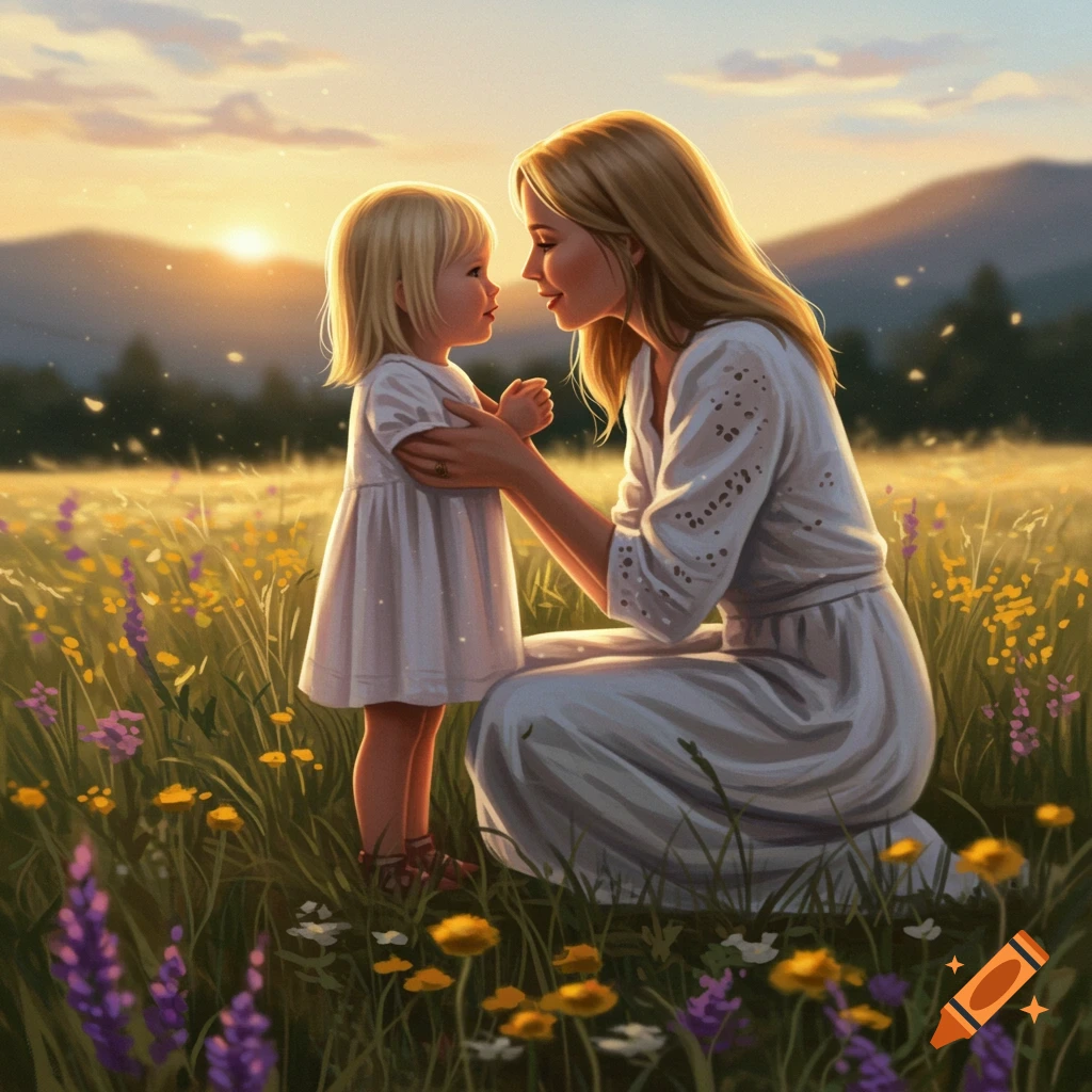 An illustration of a blonde mother kneeling and looking at her blonde child in a sunlit field of wildflowers.