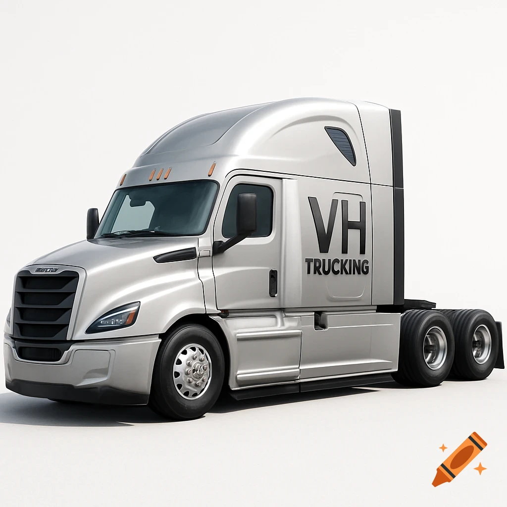 Photorealistic silver Freightliner Cascadia semi-truck with 'VH TRUCKING' on the side, isolated on a white background.